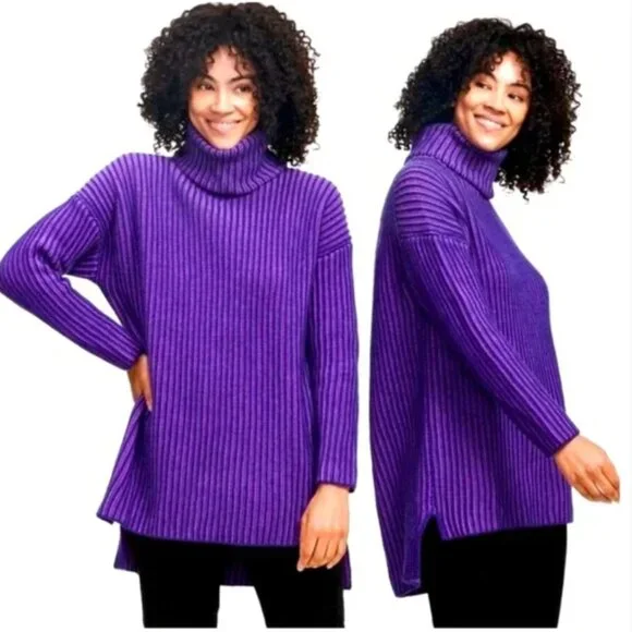 NAADAM Purple Two Tone Turtleneck High/Low Sweater, Wool/Cashmere Blend, Size S - Picture 1 of 10